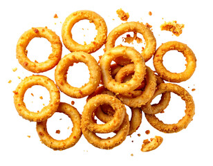 Fried Onion Rings Scattered with Broken Crumbs, Top-Down Flat Lay, Isolated on Transparent Background