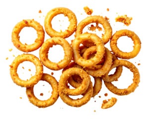 Fried Onion Rings Scattered with Broken Crumbs, Top-Down Flat Lay, Isolated on Transparent Background
