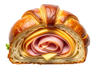  Croissant Sandwich with Ham and Cheese, Top View Flat Lay, Neatly Cut in Half, Isolated on Transparent Background