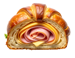  Croissant Sandwich with Ham and Cheese, Top View Flat Lay, Neatly Cut in Half, Isolated on Transparent Background