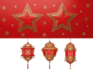 Elegant red stars and hanging lanterns isolated on transparent background