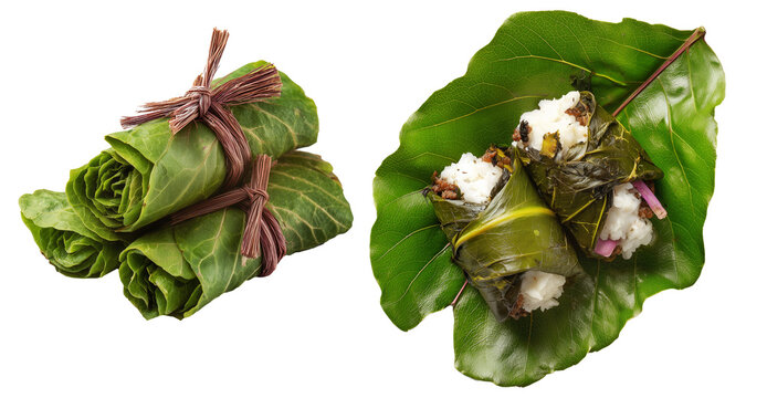 Set of Lu Pulu beef wraps filled with coconut cream in taro leaves isolated on white transparent background.