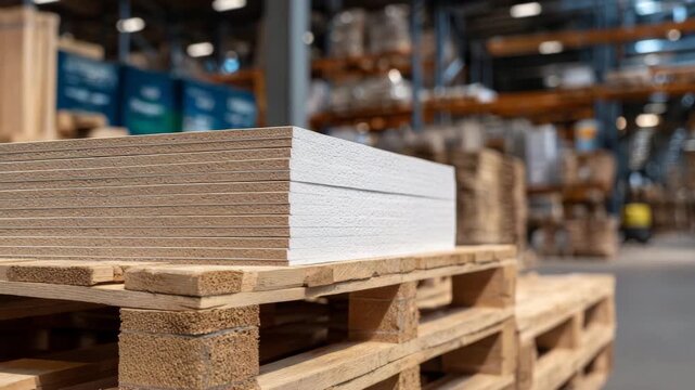 425Detailed shot of gypsum boards on wooden pallet, water-repellent surfaces catching soft light, warehouse interior visible behind, construction supply and interior finishing focus