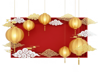 Elegant chinese lanterns on red background isolated on transparent background