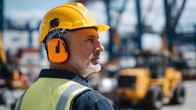 441Close-up of man wearing yellow hard hat, orange ear defenders, sunlight highlighting helmet, blurred heavy machinery and construction activity in background, protective gear for no