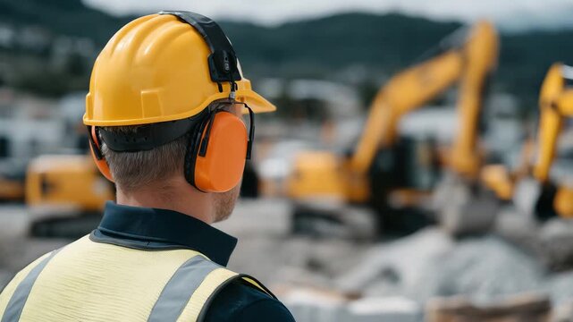443Close-up of man wearing safety helmet and ear defenders on construction site, orange ear protection contrasting yellow hard hat, diggers and loaders working around, high-noise envi