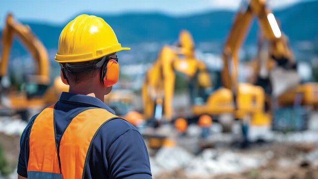 450Close-up of construction worker&rsquo;s profile, yellow hard hat and orange ear defenders, diggers and loaders in blurred motion behind, noisy worksite, protective gear highlighted