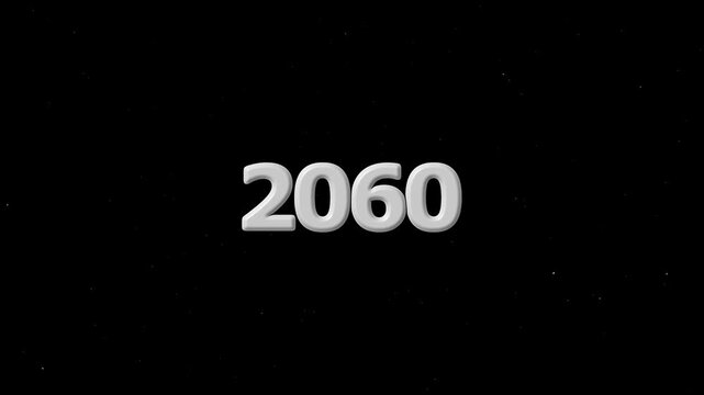 2060 greeting text with particles and sparks on the black night sky with colorful fireworks on the background, beautiful typography magic design.4k video black background