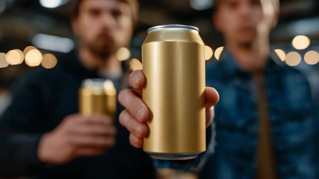 Close-up of a celebratory toast with beer cans, gold can centered in frame, soft indoor lighting, friends enjoying a social moment, event and party concept