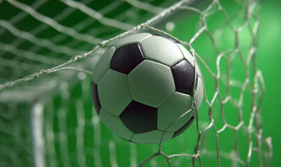 Fototapeta premium A soccer ball is stuck in the net after a goal was scored