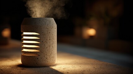 Lit cement outdoor lantern with warm glow emitting light and smoke in dark night setting