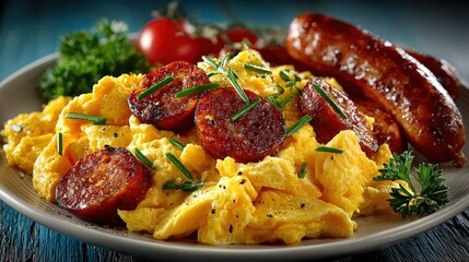 Hearty breakfast plate featuring scrambled eggs with chives, grilled sausage links, sliced sausage, fresh parsley, and