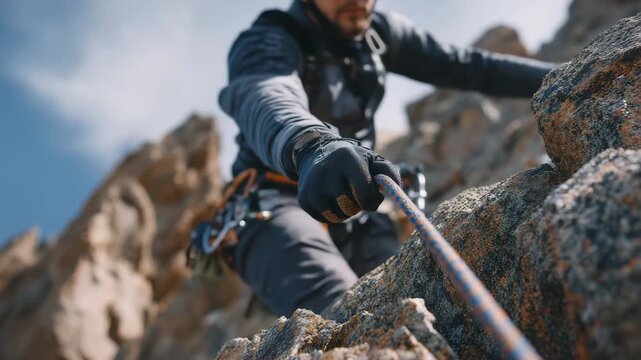 Close-up of a climber&rsquo;s gloved hand feeding rope through a belay device mid-rappel, motion blur on rope fibers, textured rock wall inches away, dynamic adventure climbing moment