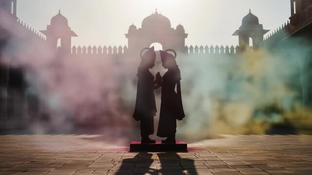 Radha Krishna Silhouette Against Historic Architecture During Holi Celebrations with Ethereal Soft Light and Subtle Color Hues