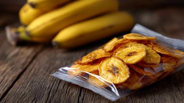 Close-up of bag of plantain chips on wooden kitchen counter, transparent packaging showing golden chips inside, bright soft lighting, healthy snack food and plant-based diet visual