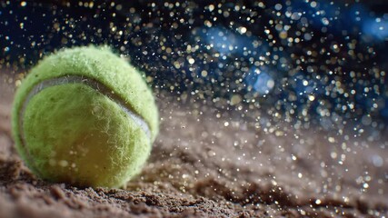 Close-up of bright green tennis ball in mid-air, golden dust particles spraying around, fuzzy surface detailed, dynamic motion blur, capturing power and speed in intense tennis act
