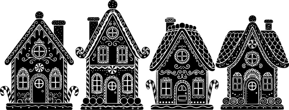 Four decorative gingerbread houses in a row silhouette
