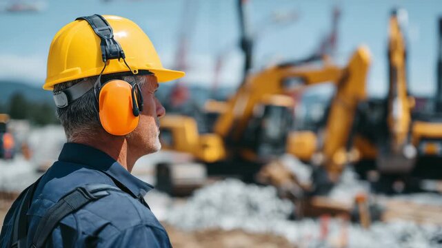 Close-up of construction worker&rsquo;s profile, yellow hard hat and orange ear defenders, diggers and loaders in blurred motion behind, noisy worksite, protective gear highlighted