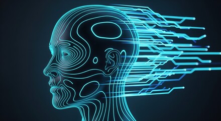 Obraz premium A wireframe head profile with blue neon lines on a dark background. A conceptual digital image representing connectivity and innovation. Futuristic design, creative technology, modern solution.