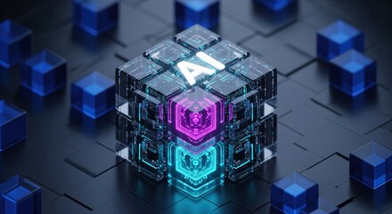 A glowing cube with AI lettering surrounded by cubes. A conceptual rendering of artificial intelligence.. Technology concept, futuristic innovation. .