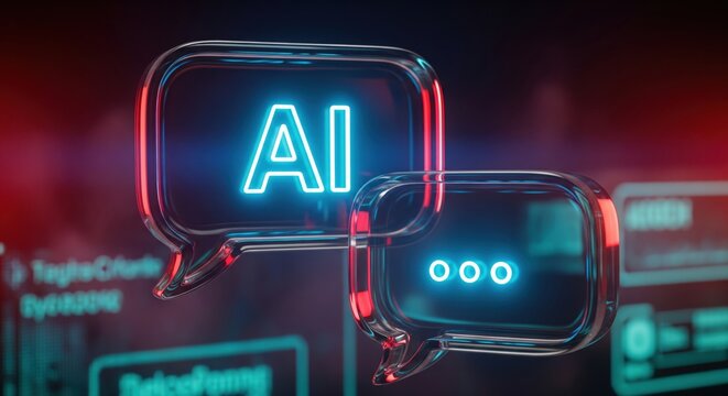 Two neon speech bubbles showing AI and three dots on dark background. A stylish abstract illustration of communication in the digital age. Modern technology, conceptual idea, artificial intelligence. - Powered by Adobe