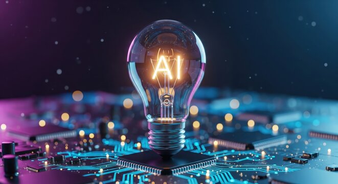 Lightbulb with AI on circuit board. A creative shot with high tech feeling. Artificial intelligence, machine learning, future technology.