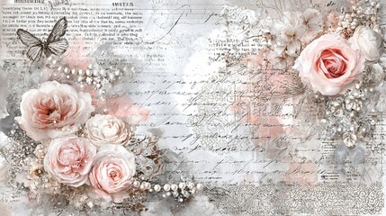 Elegant Valentine's Day junk diary illustrations, featuring a vintage handwritten calligraphy background paired with romantic watercolor splash effects, and delicate 3D lace and pearl details.