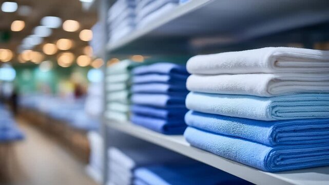Close-up of folded surgical scrubs and gowns, soft hospital lighting highlighting fabric texture, arranged neatly on clean shelving, symbolizing sterile environment and professiona