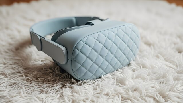 Stylish light blue quilted virtual reality headset gracefully placed on a plush white shaggy rug - Powered by Adobe
