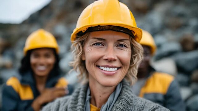 Close-up of four female professionals outdoors, yellow safety helmets, casual yet functional work clothes, smiling and standing together, confident team in construction or earth sc