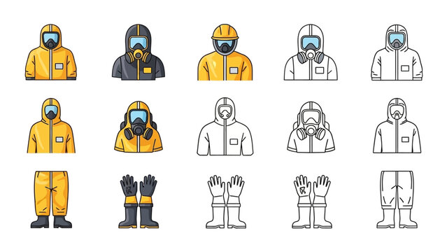 Collection of personal protective equipment icons including hazmat suits, respirators, helmets, gloves, and boots in both colored and outline styles.