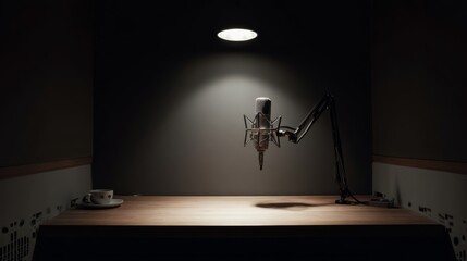 A sleek microphone sits on a wooden table in a dimly lit studio, creating a focused atmosphere for recording or broadcasting.