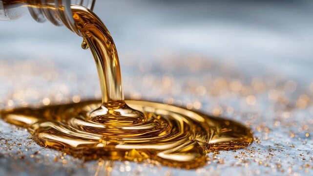 Close-up of golden liquid drizzling from metallic container, forming reflective pool on white surface, viscosity and shine highlighted, illustrating transfer or refining procedure