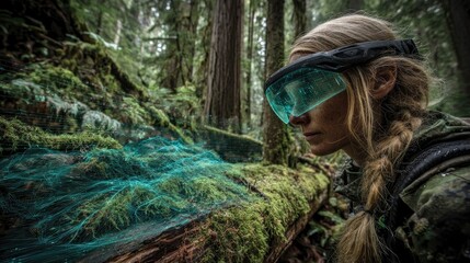 Scientist Wearing Augmented Reality Goggles Observing Nature Scene