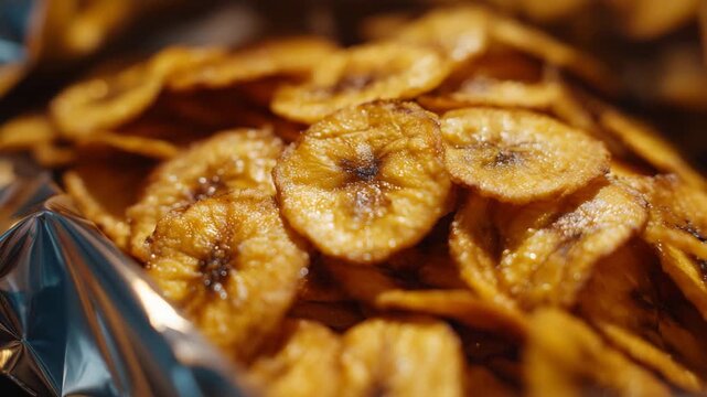 Close-up of golden plantain chips in transparent packaging, reflective bag surface catching warm kitchen light, crisply fried texture, ready-to-eat snack for healthy lifestyle visu