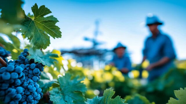 Close-up of grapes being gently gathered from vines, leaves framing the scene, workers moving slowly along rows in the background, sustainable farming and artisanal wine harvest vi