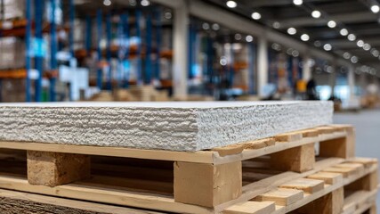 Close-up of gypsum boards neatly stacked on wooden pallet, warehouse shelving blurred in background, water-repellent plasterboard sheets ready for construction, interior finishing - Powered by Adobe