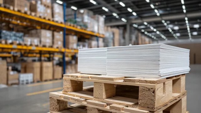 Close-up of gypsum board stack on wooden pallet, warehouse interior with shelving and boxes in background, water-repellent boards ready for construction projects, interior finishin
