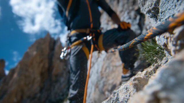 Close-up of hands controlling descent on a rappel rope, chalk dust visible on gloves, friction device and locking carabiner in sharp focus, blurred cliff wall behind, rock climbing
