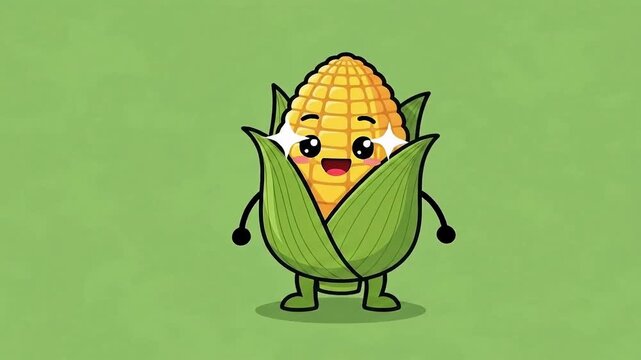 Smiling cartoon corn character with green leaves on green background