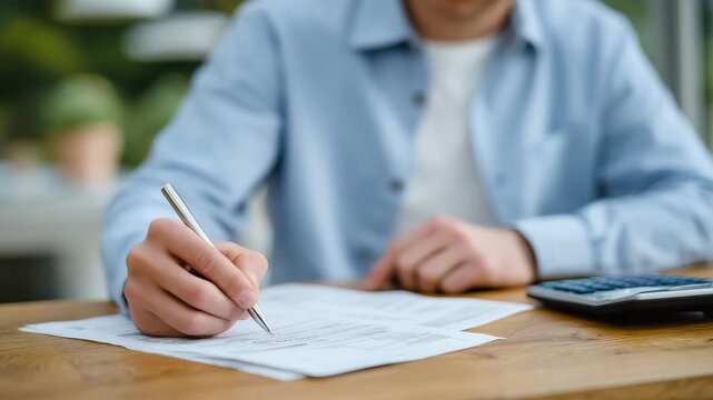 Close-up of hands reviewing home loan documents on a wooden desk, mortgage agreement pages, calculator and pen nearby, soft natural light, real estate financing, repayment planning