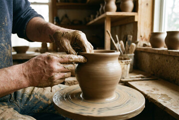 Close-up of artisan potter hands shaping wet clay pot on spinning wheel in rustic workshop for craftsmanship concept