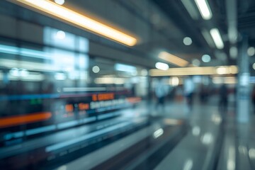 Fototapeta premium Blurred motion of people walking through modern train station