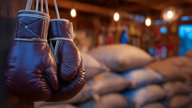 Close-up of leather boxing gloves hanging on bag, gym equipment and sandbags visible behind, ambient light highlighting textures, boxing and fitness training scene - Powered by Adobe