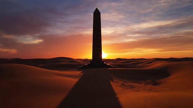 An ancient obelisk casting a long shadow at sunset in the desert