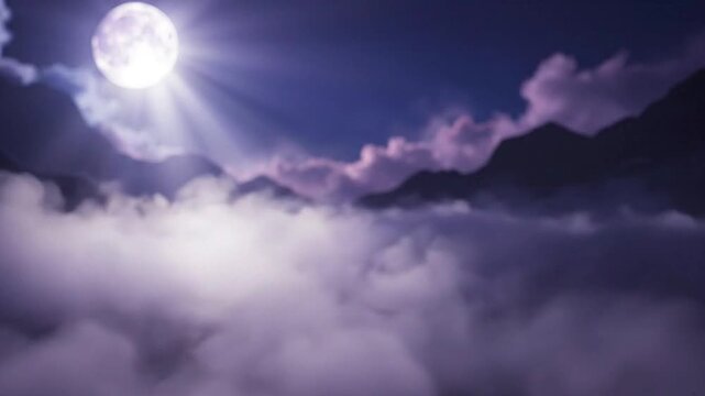 moonlight shining through clouds and mountains