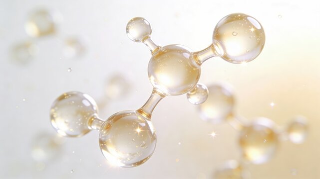 Creamy spheres of milky lactic acid create a soft gradient with white and gold tones, evoking a fresh beauty with an airy glow and subtle sparkle.