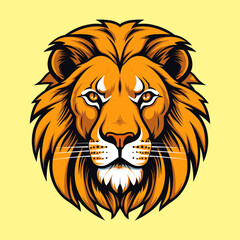 Obraz premium Majestic stylized lion head mascot design featuring bold orange and dark outlines with fierce expression perfect for esports teams or powerful branding graphics easily applicable to apparel