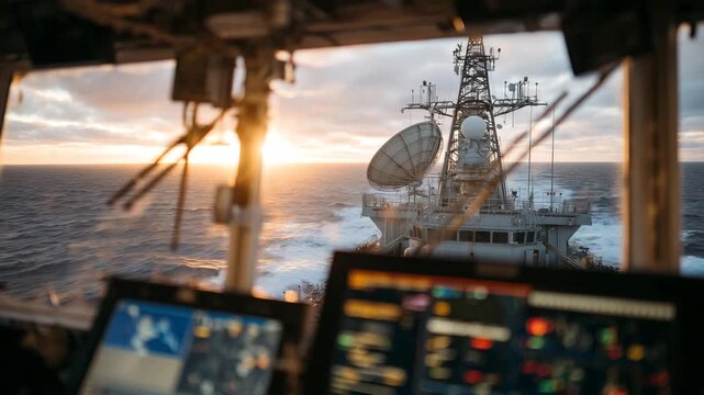 Close-up of ship bridge instruments and mast equipment, radars, satellite dishes, and navigation lights highlighted, calm ocean at golden hour, naval vessel communication systems v