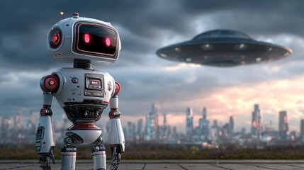 A robot is standing on a city street, looking up at a large, glowing, alien-like object in the sky. The robot appears to be in a futuristic setting, with a cityscape in the background